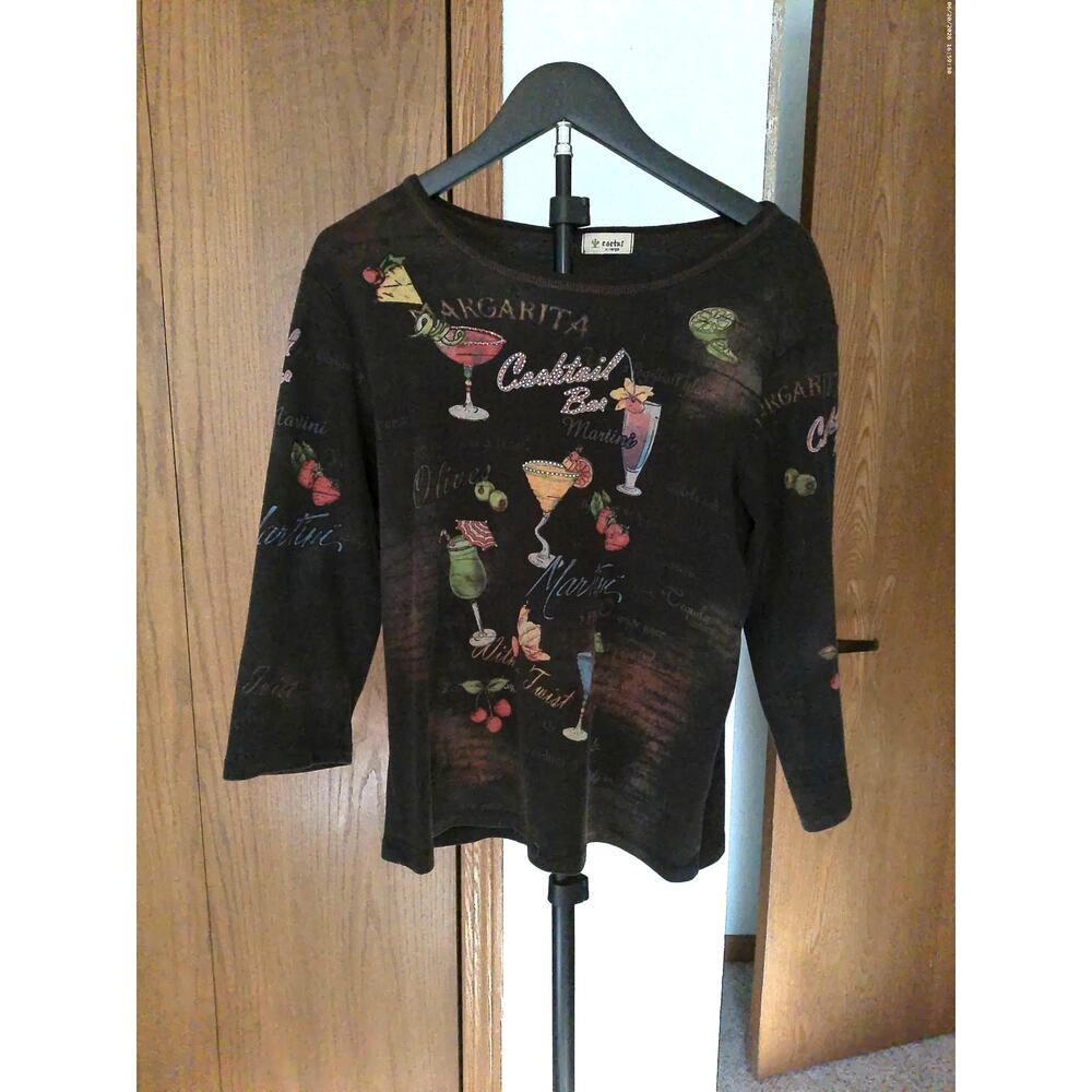 Vintage Cactus Y2K Cocktail Bar Graphic Top Brown Sheer Knit Long Sleeve XL